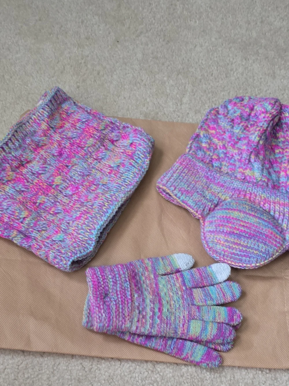 Kids Knit Hat, Scarf & Five-Toe Gloves Set - Pink Multi